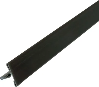 A close-up, angled view of a black metal profile strip against a white background.