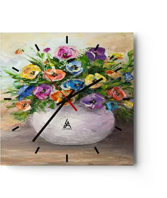 Produktbild von Wanduhr - Quadrat - Glasuhr - Blumen Blumenstrauß Vase bunt - 30x30cm - Schleichendes Uhrwerk - Lautlos - zum Aufhängen bereit - Dekoration Modern - Wanddekoration aus Glas - C3AC30x30-2915