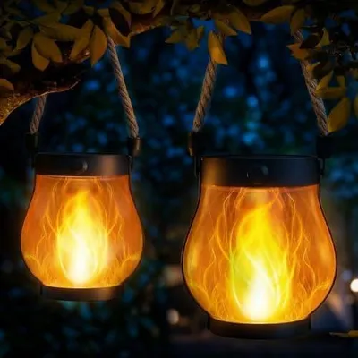 Produktbild von Solarlampen für Außen Hängend, 2 Stück Solar Laternen für Draußen mit Realistische Flammeneffekte, IP65 Wasserdicht Solarleuchten Gartendeko mit Hanfseil für Außen Hof Balkon Terrasse Halloween