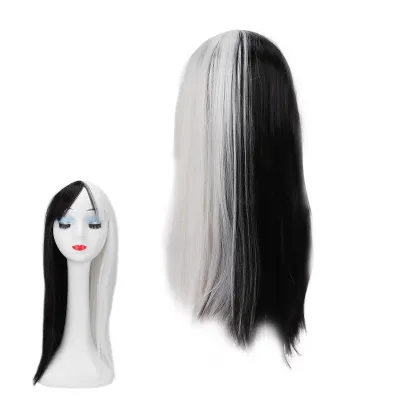 Image de Perruque longue et lisse en fibres synthétiques de haute qualité, pour femmes, de couleur noire et blanche. Elle a une apparence à la fois moderne et naturelle, et est idéale pour le cosplay, Halloween et les fêtes