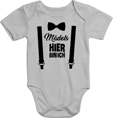 Produktbild von Kurzarm Baby-Body mit Aufdruck Mädels hier bin ich lustig Spruch Strampler Baumwolle Moonworks® grau 0-3 Monate