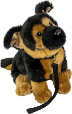 A plush German Shepherd dog sitting with a leash.