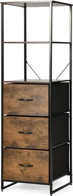 A tall, narrow storage unit with three drawers and open shelves.