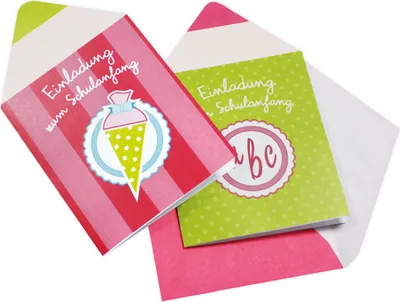 Produktbild von ROTH Schulanfangs-Serie "Hurra, 1. Klasse!" Einladungskarte "Stift" pink-grün, 10,5 x 18 cm, 5 Karten
