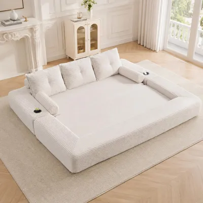 Produktbild von MODFU Relaxsessel mit Rückenkissen,Seitentaschen und Getränkehalter,3-Sitzer-Sofa Cord,Modulares Sofa mit Armlehnen abnehmbar,für Schlafsofa,Beige