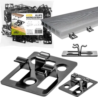 A collage of images showing composite deck clips, a piece of composite decking, and packaging for the clips.