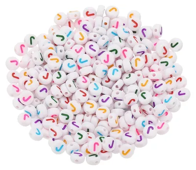 Image de Perles en forme de lettres rondes - 300 pièces, lettre "J", perles en acrylique pour l'alphabet - Fabrication de bijoux pour bracelets et colliers - Blanc avec des lettres colorées