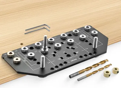 Obrázek produktu pro Přípravek na čepy polic a závěsů VEVOR Vrtací přípravek na kování skříní z hliníkové slitiny s vrtáky 6,4 a 4,8 mm, vrtací přípravek na dveře skříní, police, skříně