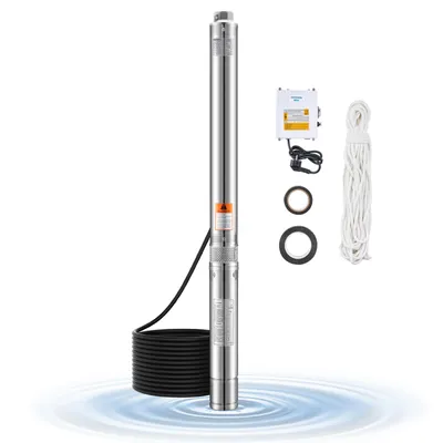 Immagine prodotto di Pompa per pozzi profondi VEVOR, potenza in uscita 550W, portata 100L/min, prevalenza 53m, con cavo 20m, scatola di controllo esterna, pompa in acciaio inox, IP68