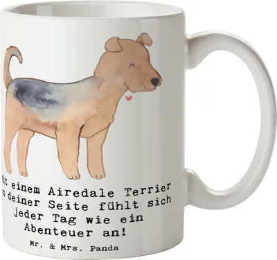 Produktbild von Mr. & Mrs. Panda Kaffeetasse Airedale Terrier Abenteuer - Weiß - Geschenk, Hunderassen, Hunderasse, Pflege, aktiver Hund, Trinkbecher, Haustier, Eigenschaften, Wachhund