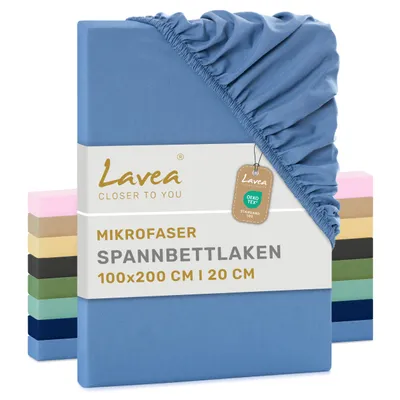 Produktbild von Lavea® 1er Set Spannbettlaken 100x200 cm aus Mikrofaser, Bettlaken mit Rundumgummi, für Matratzen bis 20 cm, atmungsaktiv und kühlend - Himmelblau