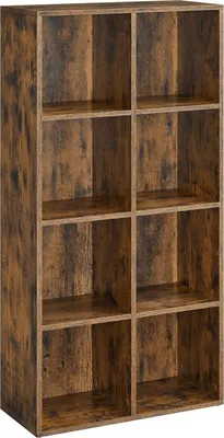 A freestanding, eight-cube bookshelf with a rustic brown wood grain finish.