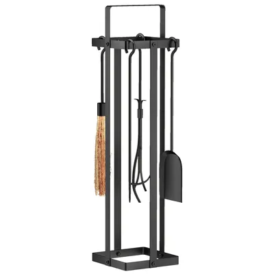 Image de Outsunny Ensemble serviteur de cheminée, serviteur de cheminée à 5 pièces, accessoires de cheminée, balai-brosse pelle pince tisonnier et support, métal, noir