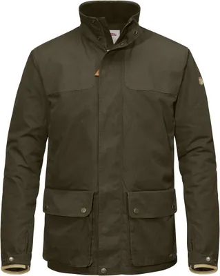 A studio shot of a dark olive green jacket.