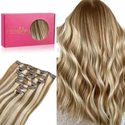Produktbild von Clip in Extensions Echthaar 60cm 120g 7tlg Ash Braun Highlights Goldblond