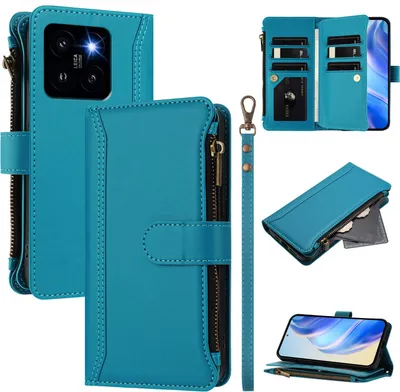 Produktbild von Handyhülle für Xiaomi 14 Pro Reißverschluss Geldbörse Kunstleder Klapphülle mit Kartensteckplatz, Ständer, Handschlaufe Blau
