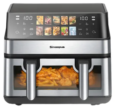 Image de Friteuse à air chaud - Deux paniers de cuisson - 8,5 litres - 2000 W - Écran tactile couleur - 10 programmes - Acier inoxydable