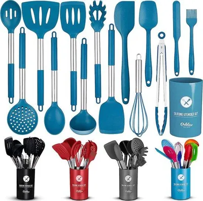 Immagine prodotto di Set di utensili da cucina, 14 pezzi, blu, resistente al calore, acciaio inossidabile