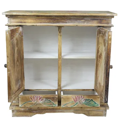 Produktbild von Schrank Kommode Sideboard Flurschrank Dielenschrank Telefonschrank Blumen Lotus 80x80 cm Natur Color W/W Bunt