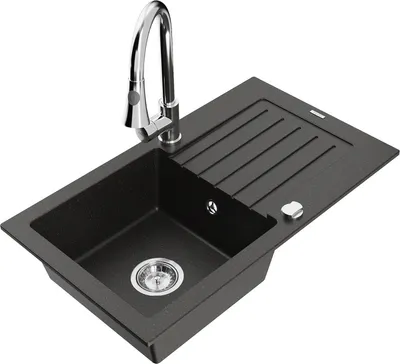 Produktbild von Mexen Pablo 1 Becken-Granitspüle mit Abtropffläche und Mischbatterie Elia, Schwarz/Gold metallisch - 6510-75-670101-00