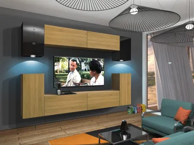 Produktbild von Furnitech Wohnwand Wohnzimmer - Wohnzimmer Möbel mit LED Weiß - Hängend Wohnwand Modern - Regale und TV Schrank (Rodos AN43-17BD-HGM48 1B)