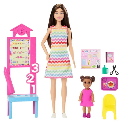 Produktbild von Barbie -Puppe Lehrerin mit brünetter Modepuppe, 1 Kleinkind-Puppe und Unterrichtszubehör, Modepuppe, Weiblich, 3 Jahr(e), Junge/Mädchen, 238,1 mm, 185 g