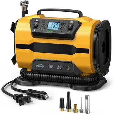 Produktbild von Tragbarer Luftkompressor - AC/DC Reifenkompressor 110–230V - Autoluftpumpe für Auto, Fahrrad, Boot, Luftmatratze - EU-Stecker