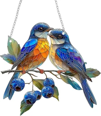 Produktbild von Hängende Fensterdekoration mit Vogel und Kette - Sonnenfänger aus Acryl, Buntglas-Dekoration für Innen und Außen, Moderne Frühlingsdekoration für Fenster, Türen, Garten oder Balkon, 20 x 20 cm