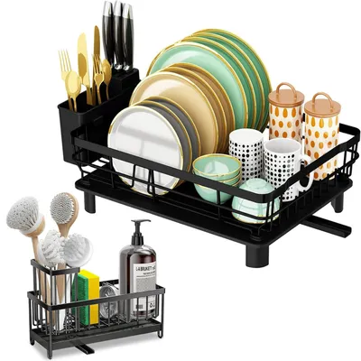 Produktbild von Küchen-Organizer Set, Abtropfgestell und Spültuchhalter, automatischer Wasserablauf, platzsparend, Geschirrtrockner, 2-teilig, Schwarz