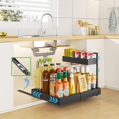 Obrázok produktu pre Úložný regál pod drez, 2-poschodový, výsuvný, čierny, do kuchyne alebo kúpeľne