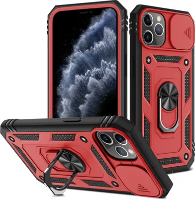 Produktbild von iPhone 11 Pro Hülle, Schiebe Kamera Schutz Robust Rüstung Stoßfest Schutzhülle mit Ringhalterung Ständer Kartenhalter für iPhone 11 Pro Rosa