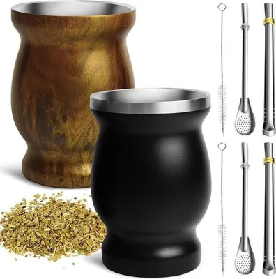 Produktbild von Famanu Yerba Mate Tassen Set 8-teilig - doppelwandige Edelstahlbecher - schwarz Holz - Bombillas - Reinigungsbürsten