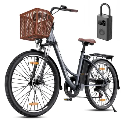 Produktbild von Qekud 26 inch E-Bike Elektrisches Citybike – 250W Motor,36V 13,5Ah Akku, 80km Reichweite, 7-Gang Shimano, LCD-Display – Grau+Mijia Elektro-Kompressor