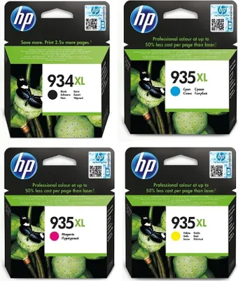 Zdjęcie produktu dla HP Zestaw 4 oryginalnych wkładów atramentowych : wysokowydajny czarny 934XL oraz błękitny, purpurowy i żółty 935XL, Wysoki, Czarny, Cyjan, Purpurowy, Żółty, Tusz na bazie pigmentu, Tusz na bazie pigmentu, 25,5 ml, 9,5 ml