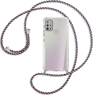 Produktbild von Handykette Backcover-Schutzhülle mit Band (Metall silberfarben) für Motorola Moto G10 (Power), G20, G30 - blau+beige