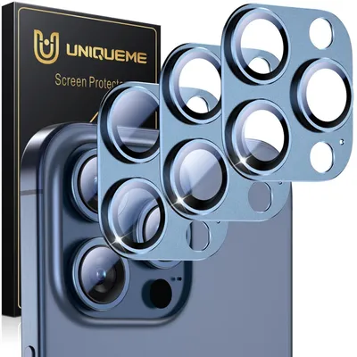 Immagine prodotto di Protezioni per fotocamera per iPhone 15 Pro/15 Pro Max [3 pezzi], colore blu opaco, durezza 9H, antigraffio, stabile