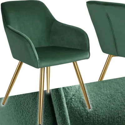 A green velvet chair with gold legs is shown from the front and side.