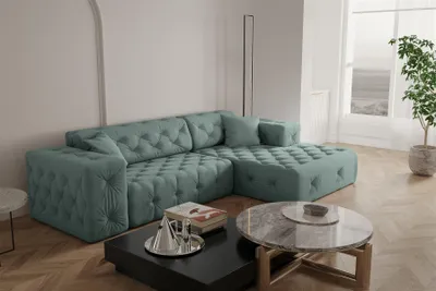Productafbeelding van Designbank CHANTAL, model hoekbank, bekleed met stof Opera Velvet in de kleur Saphir, met een losse ottomane aan de rechterkant