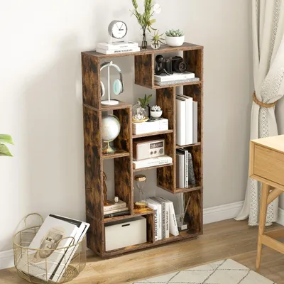 Immagine prodotto di Libreria geometrica, scaffale decorativo in legno da 120 cm, con dispositivi antiribaltamento, espositore a giorno indipendente, marrone