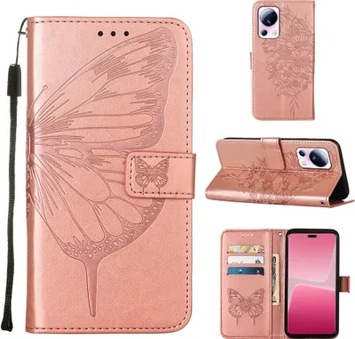 Produktbild von Lederhülle für Xiaomi 13 Lite 5G Schmetterling Prägung Flip Ledertasche Kartenfächer Handyhülle mit Ständer Pink