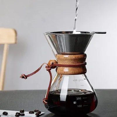 Image de Préparateur à café manuel en verre avec poignée en bois, capacité de 400 ml
