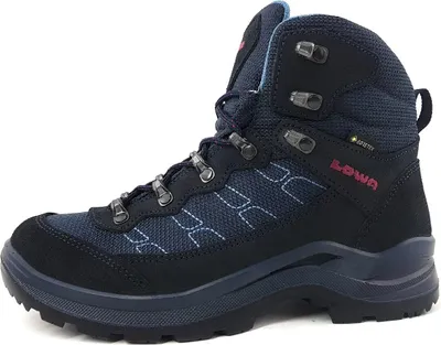 A side view of a blue and black hiking boot.