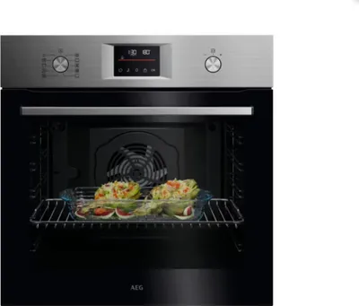 AEG Einbau-Backofen in Edelstahl Frontsicht.