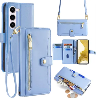 Produktbild von Handykette Samsung Hülle mit Band Handyhülle Kartenfächer Kunstleder Umhängetasche Galaxy S22 Hellblau