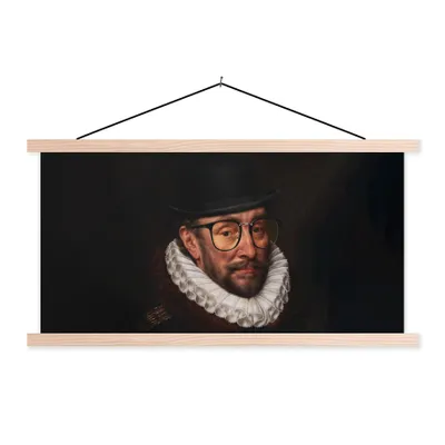 Produktbild von MuchoWow® Textilposter Wilhelm von Oranien - Adriaen Thomasz - Hut 120x60 cm mit holzfarbenen Rahmen - Klemmleiste