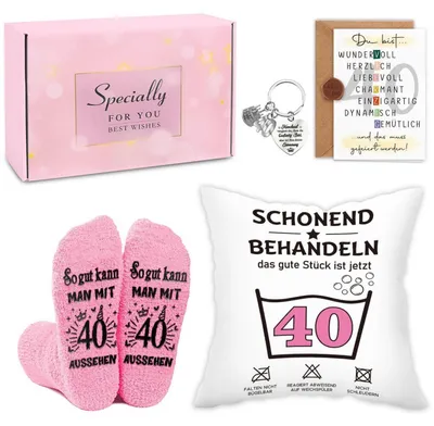 Immagine prodotto di Set regalo per il 40° compleanno, per donna, composto da 4 articoli: federa per cuscino (45x45 cm), calzini, portachiavi e biglietto di auguri