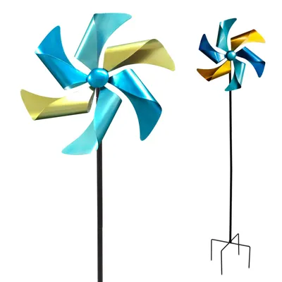 Produktbild von Windrad Windspiel Metall Gartendeko Balkon Terrasse Erdspieß petrol blau gelb