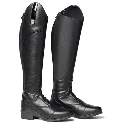 A pair of black riding boots on a white background.