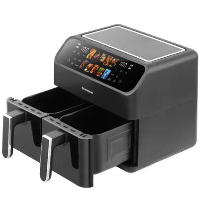 Produktbild von Sinaopus Heißluftfritteuse 9L Doppelkammer, Airfryer 2000W, 2×4,5L Dual Zone, Farb-Touchscreen, 10 Programme, Sichtfenster