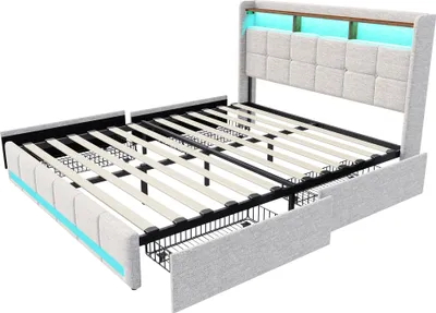 Obrázek produktu pro Postel ProximaX 180x200 cm, béžová, s osvětlením LED, přípojkami USB a typu C - moderní čalouněná postel s úložným prostorem pod čelem a 4 zásuvkami